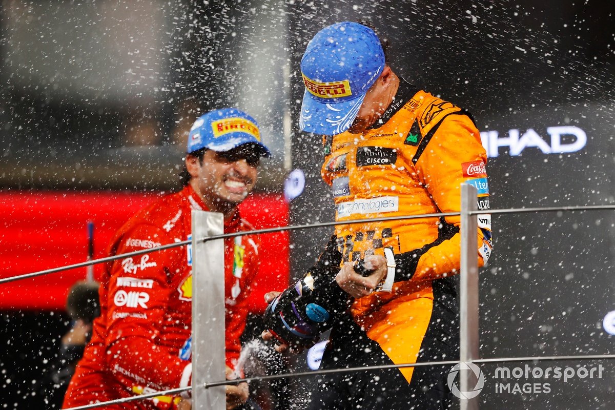 1st and 2nd Place Celebrate on Podium: Lando Norris (McLaren) & Carlos Sainz (Ferrari)