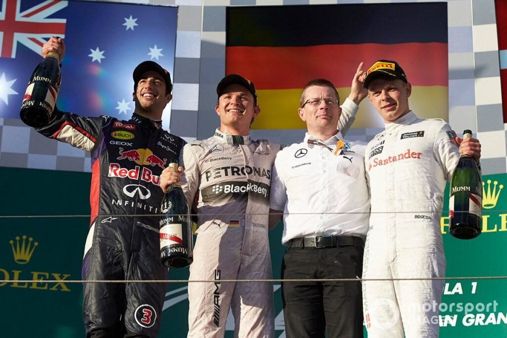 Daniel Ricciardo (Red Bull Racing), Nico Rosberg (Mercedes AMG) in 1st, Andy Cowell (HPP, Mercedes AMG) and Kevin Magnussen (McLaren) in 3rd - Podium Scene