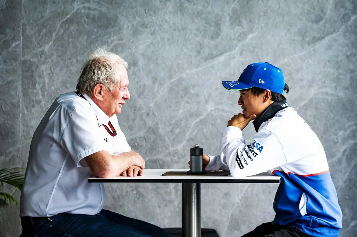 Helmut Marko, Advisor, Red Bull Racing, and Yuki Tsunoda, RB F1 Driver