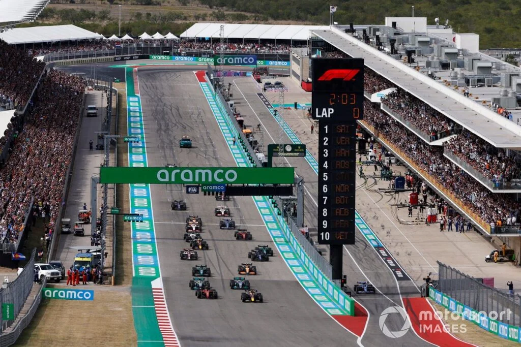 2022 Formula 1 Grid: Verstappen (Red Bull), Sainz (Ferrari), Hamilton (Mercedes), Russell (Mercedes), Stroll (Aston Martin), Norris (McLaren) with the remainder of the field