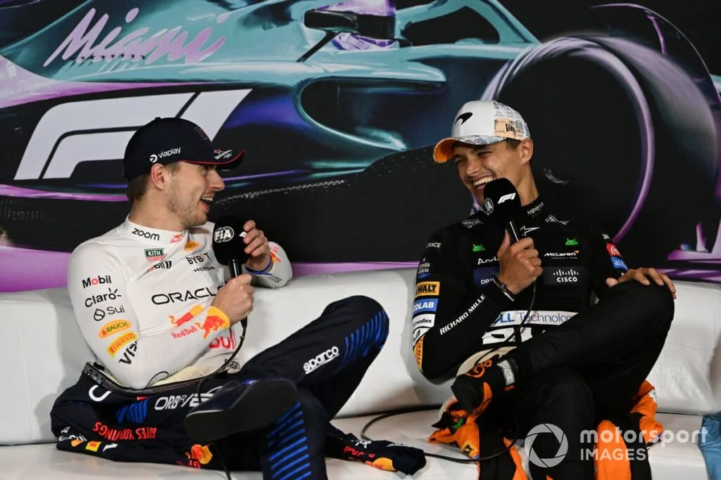 2nd-placed Max Verstappen and 1st-placed Lando Norris at a Press Conference (Red Bull Racing, McLaren F1 Team)
