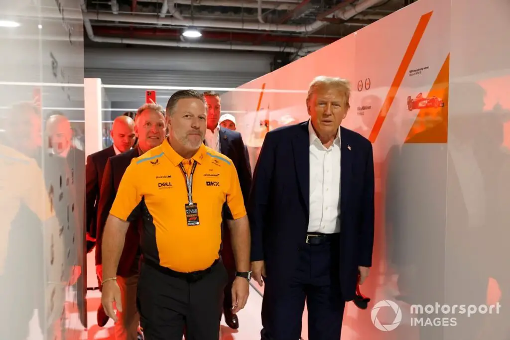 45th U.S. President Donald Trump tours McLaren garage alongside Zak Brown