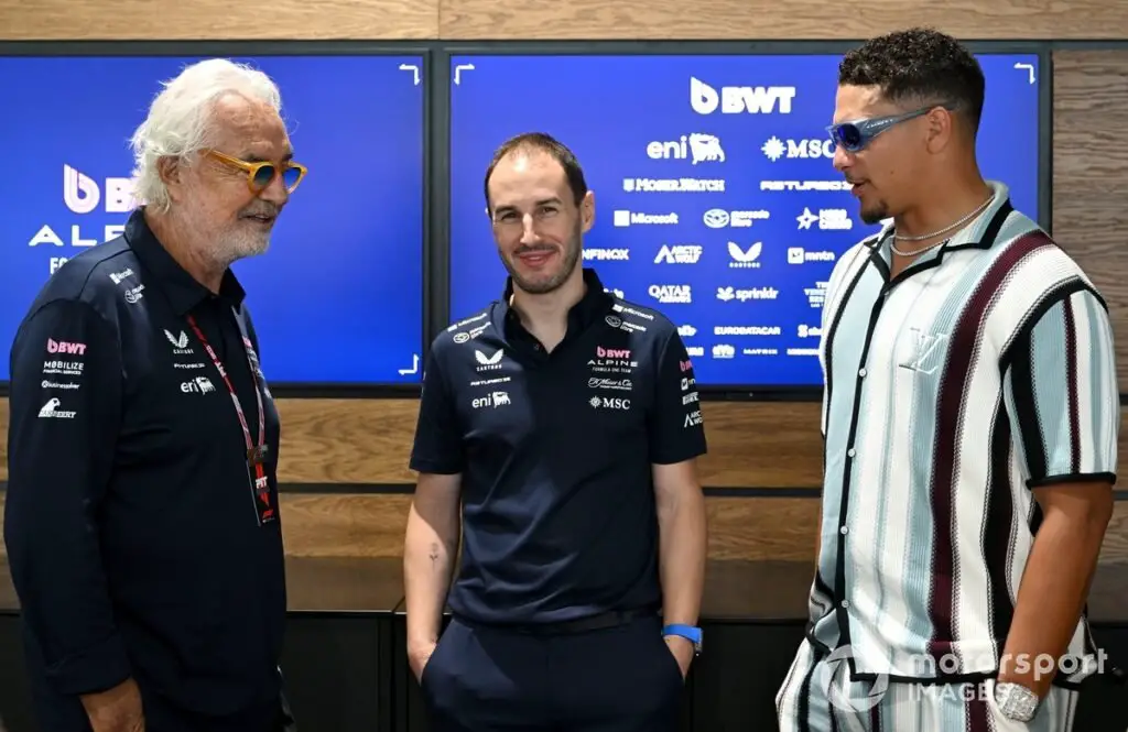 Flavio Briatore, Alpine F1 Executive Advisor, and Oliver Oakes from Alpine, with Patrick Mahomes