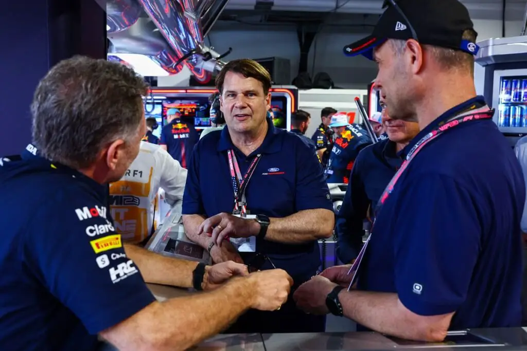 Ford CEO Jim Farley, Mark Rushbrook, and Red Bull Racing Team Principal Christian Horner