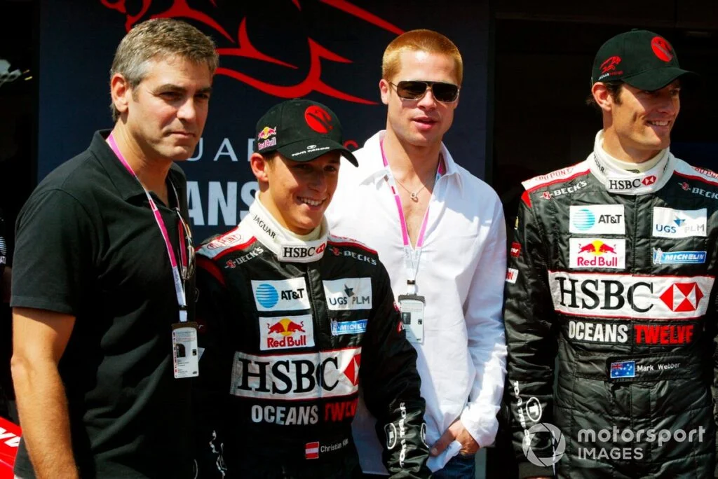 George Clooney, Brad Pitt, and Jaguar Team (Christian Klien, Mark Webber) - Oceans Twelve Promotion Event