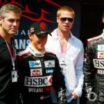 George Clooney, Brad Pitt, and Jaguar Team (Christian Klien, Mark Webber) - Oceans Twelve Promotion Event
