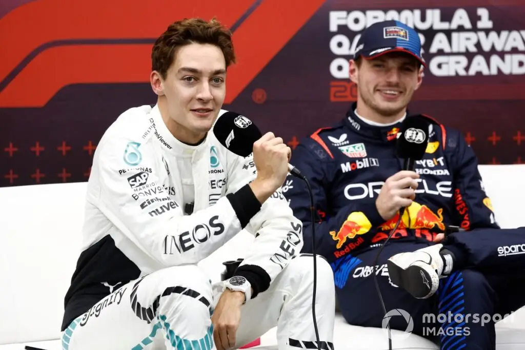 George Russell, Mercedes-AMG F1, and Max Verstappen, Red Bull Racing, at Post-Qualifying Press Conference