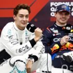 George Russell, Mercedes-AMG F1, and Max Verstappen, Red Bull Racing, at Post-Qualifying Press Conference