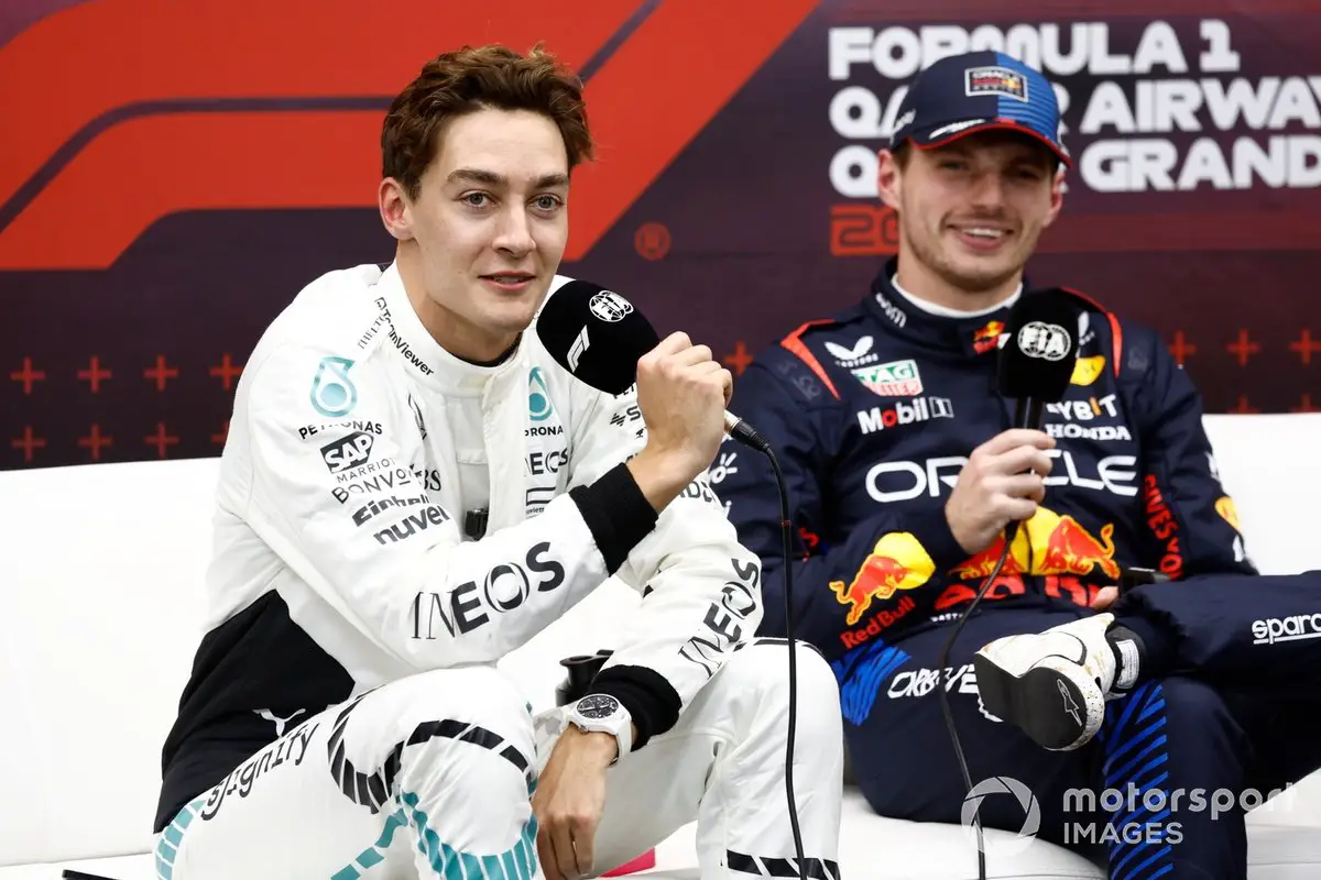 George Russell, Mercedes-AMG F1, and Max Verstappen, Red Bull Racing, at Post-Qualifying Press Conference