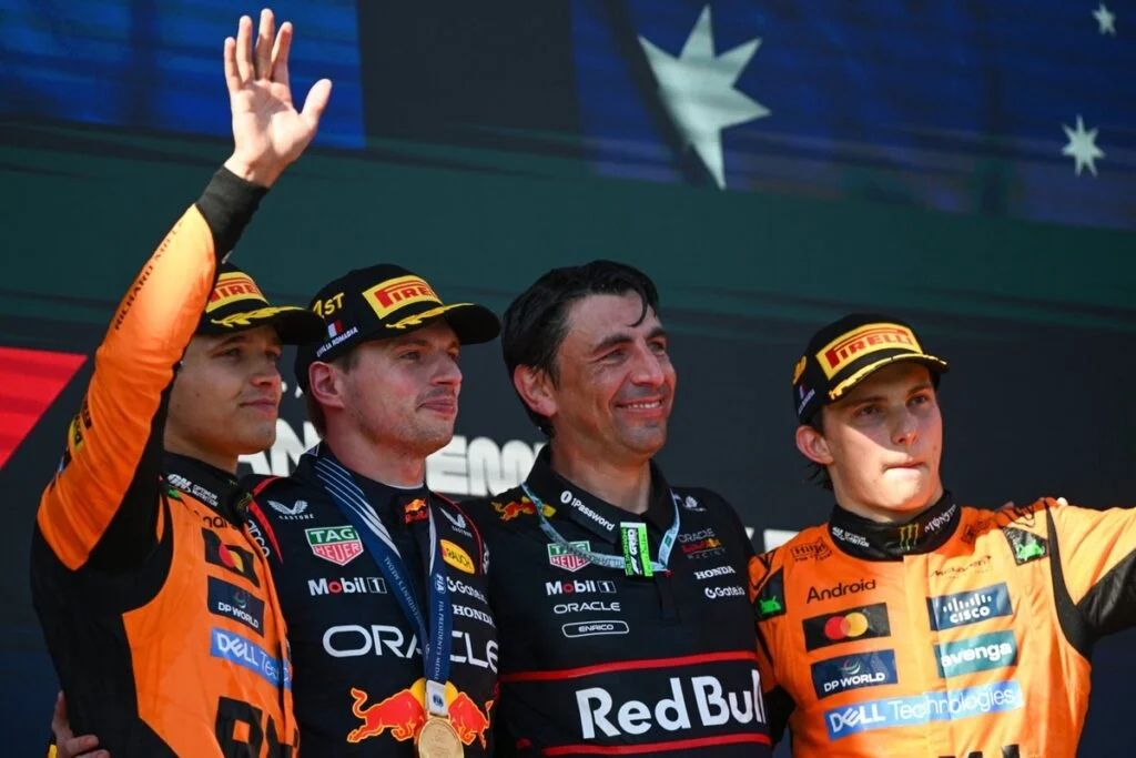Lando Norris (McLaren), Oscar Piastri (McLaren) versus Max Verstappen (Red Bull Racing)