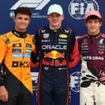 Lando Norris (McLaren) vs Max Verstappen (Red Bull Racing), with Andrea Kimi Antonelli racing for Mercedes