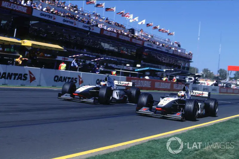 Mika Hakkinen overtakes David Coulthard (both on McLarens)