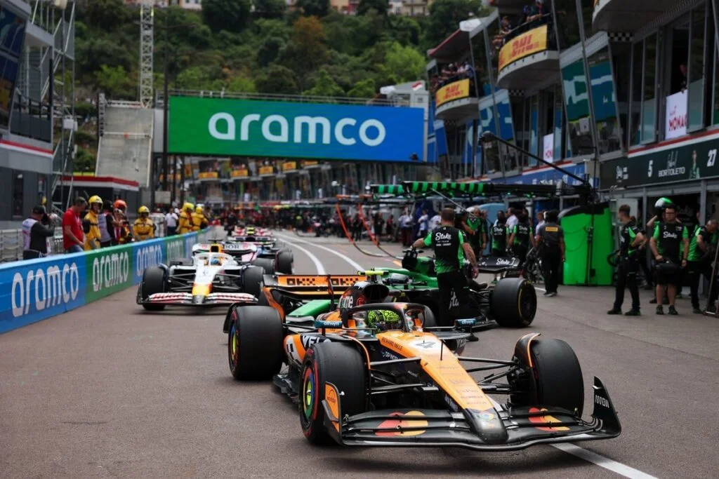 Nico Hulkenberg (Sauber), Lando Norris (McLaren) and Isack Hadjar (Racing Bulls Team)