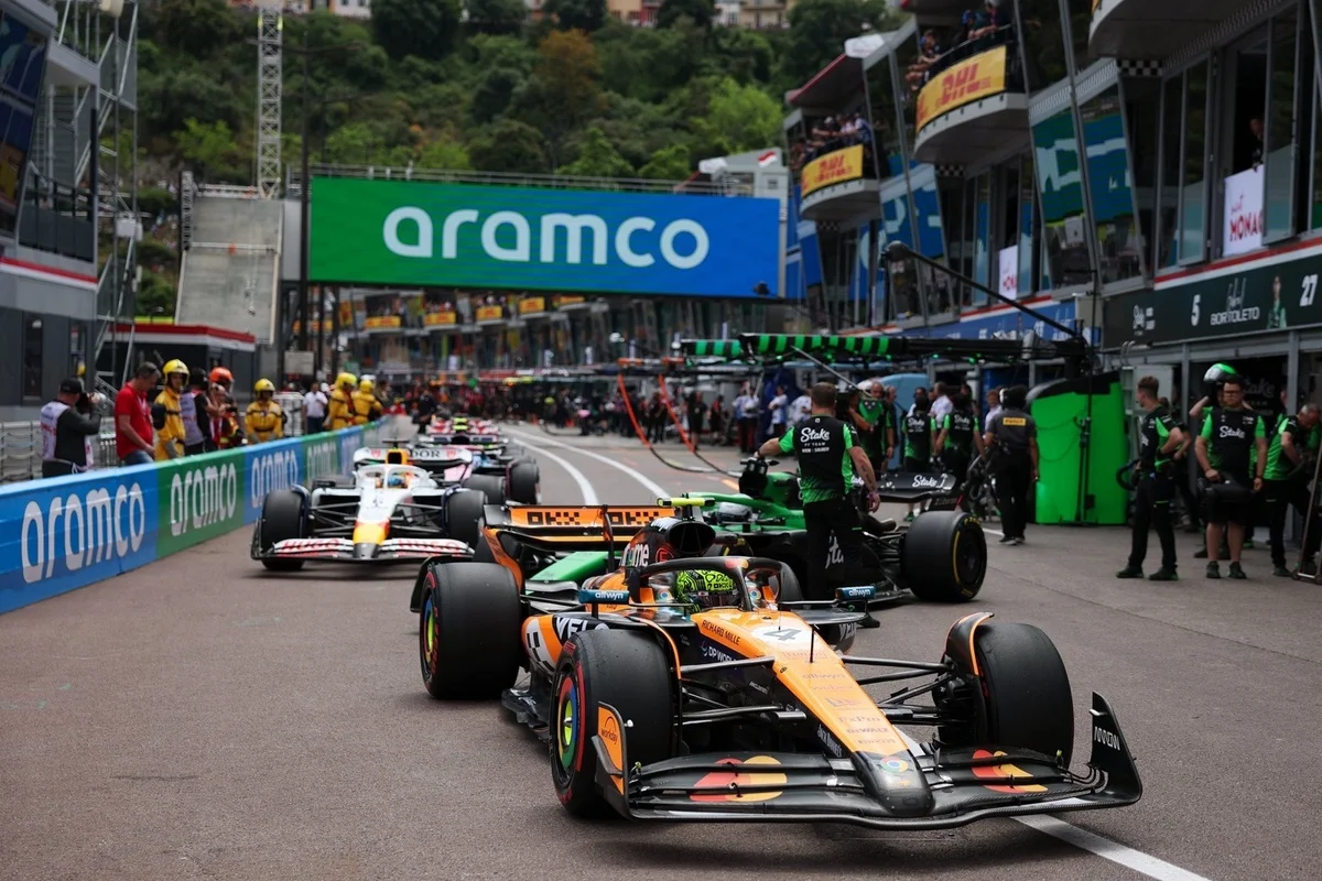 Nico Hulkenberg (Sauber), Lando Norris (McLaren) and Isack Hadjar (Racing Bulls Team)